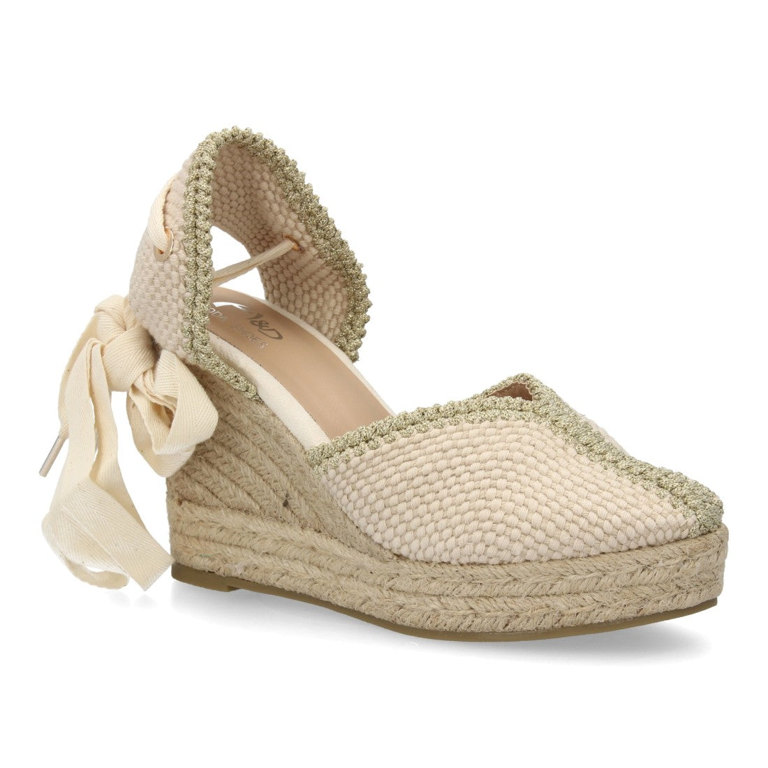 Alpargata cuña mujer beige con cintas decorativas y esparto