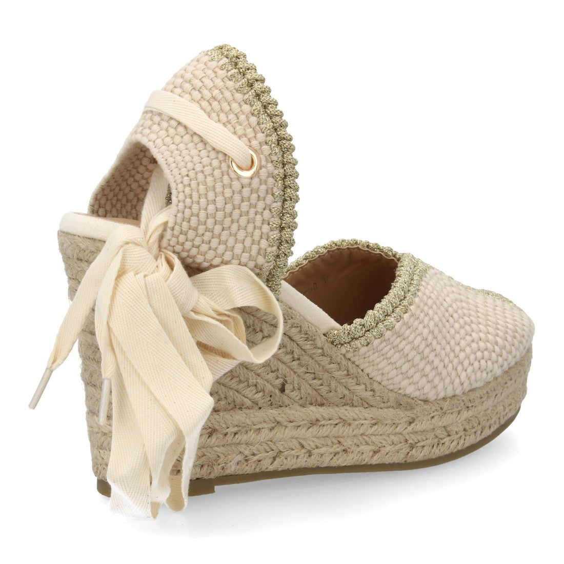 Alpargata cuña mujer beige con cintas decorativas y esparto