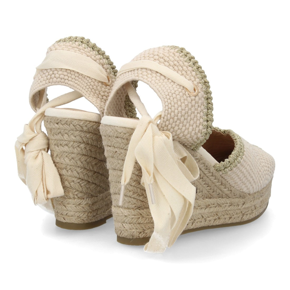 Alpargata cuña mujer beige con cintas decorativas y esparto