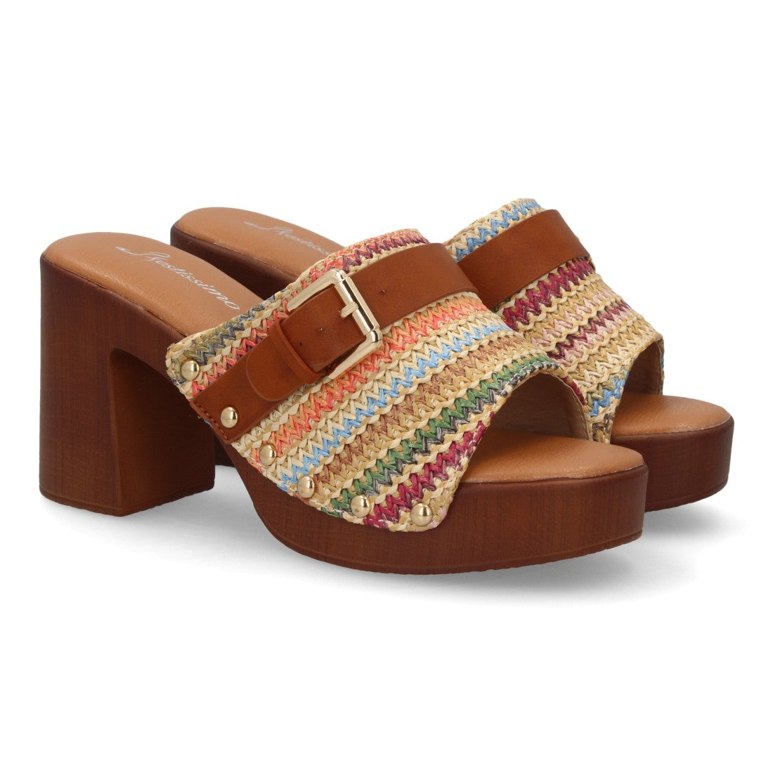sandalia pala multi trenzada tacón madera