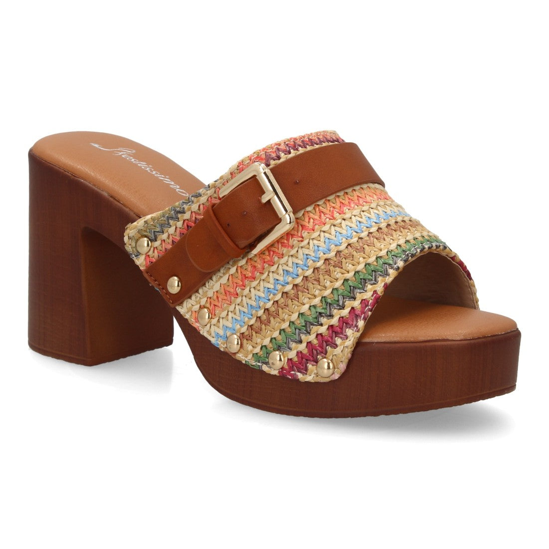 sandalia pala multi trenzada tacón madera