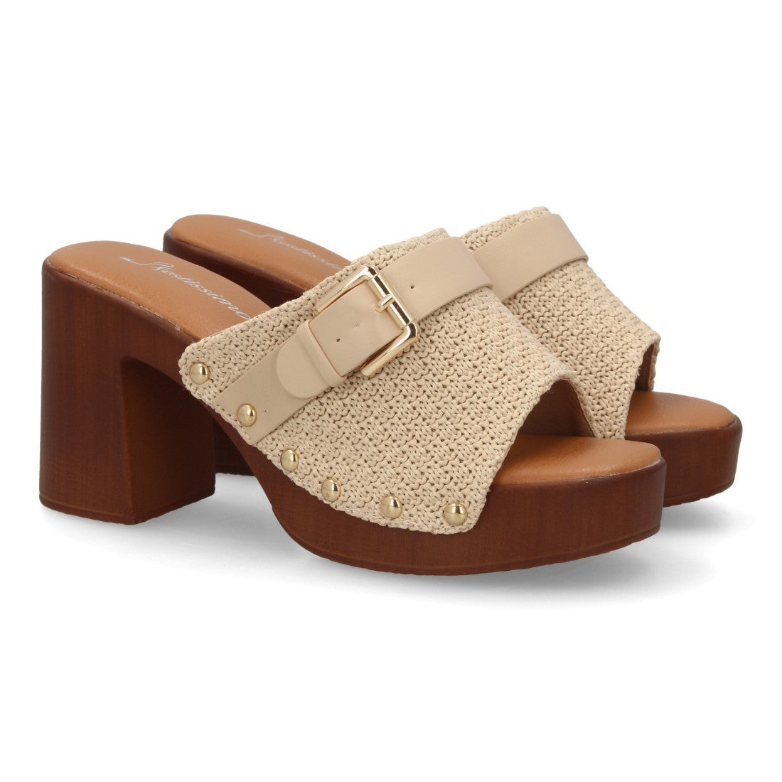 sandalia pala beige trenzada tacón madera