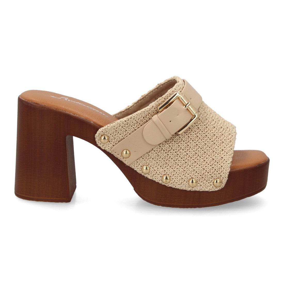 sandalia pala beige trenzada tacón madera