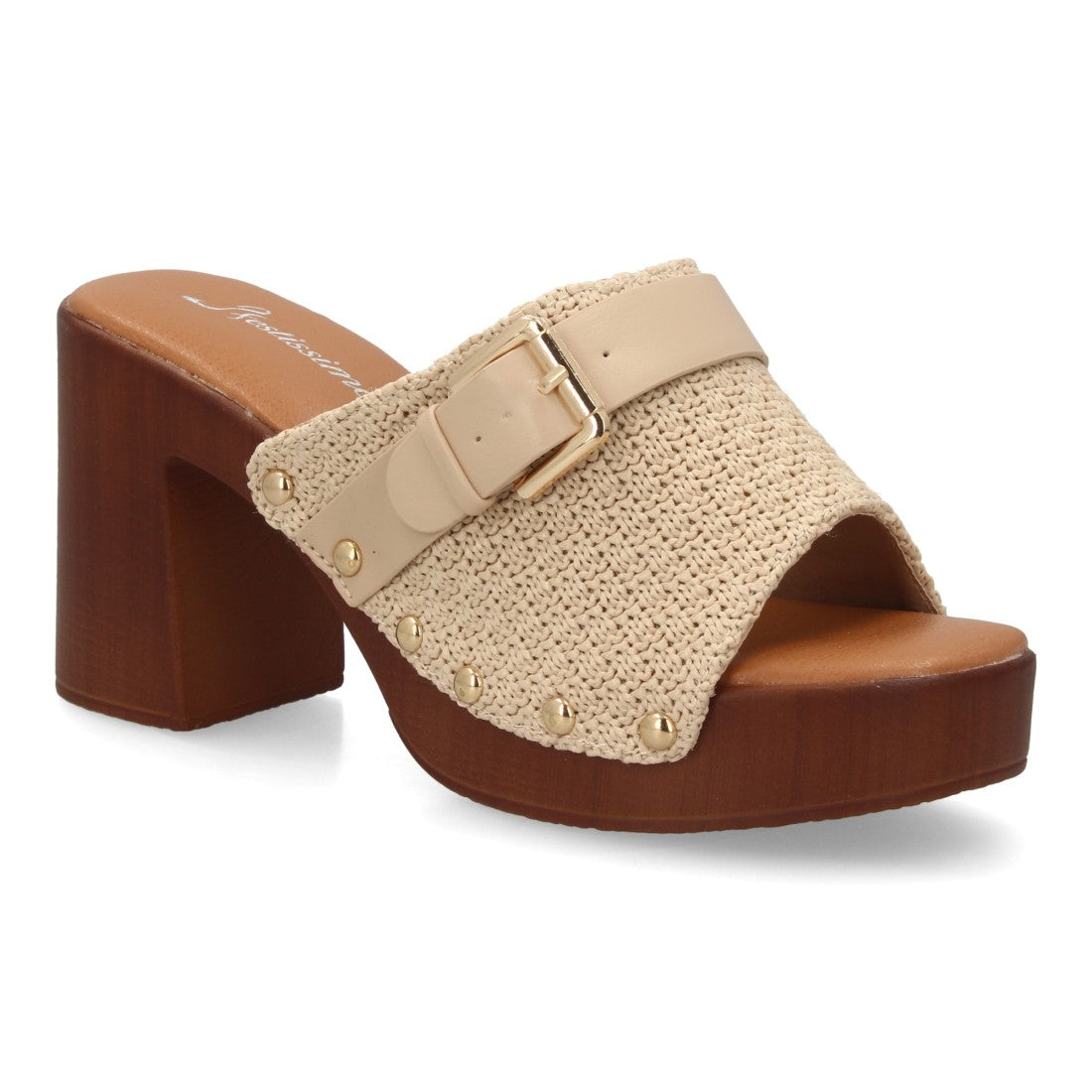 sandalia pala beige trenzada tacón madera