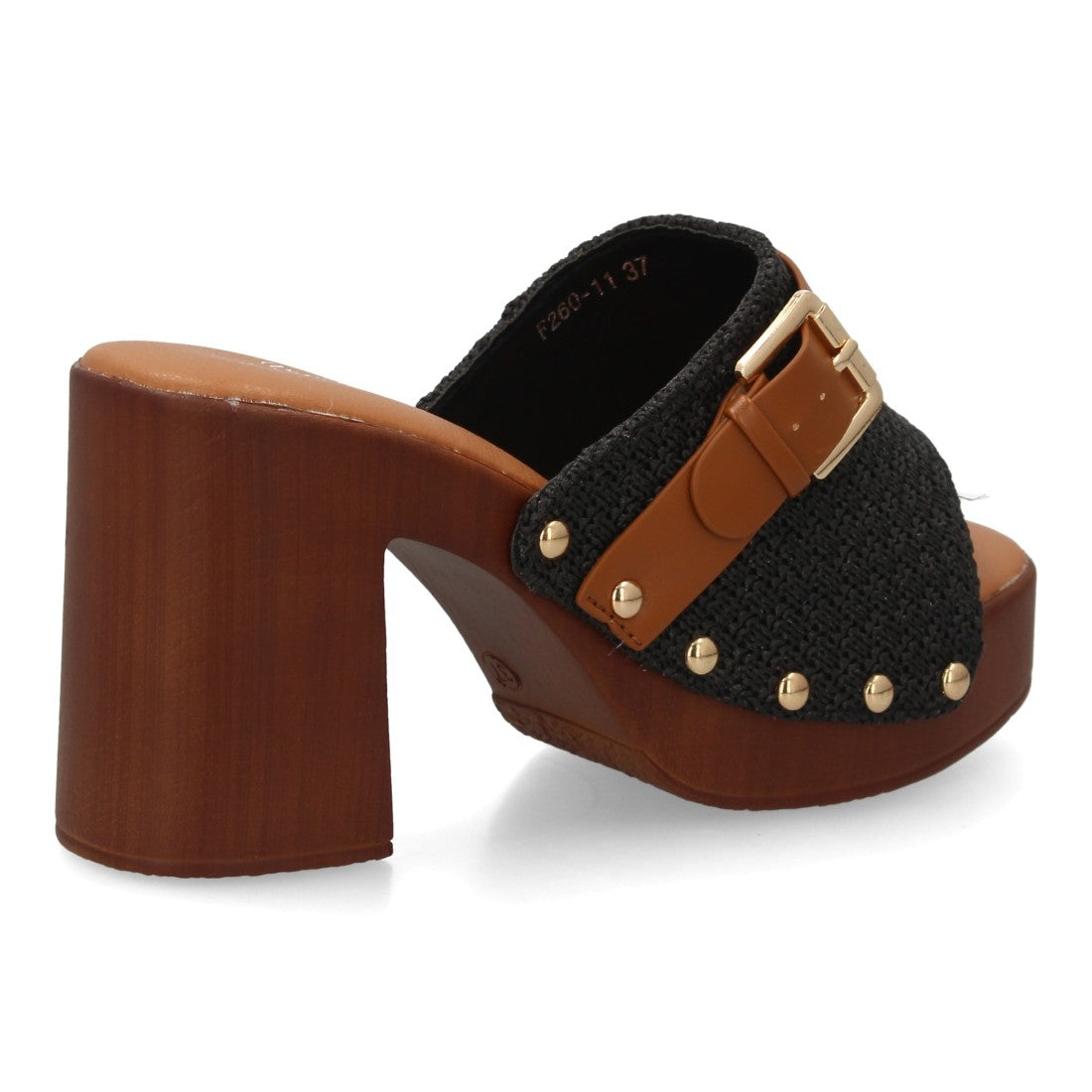 Sandalia pala negra trenzada tacón madera