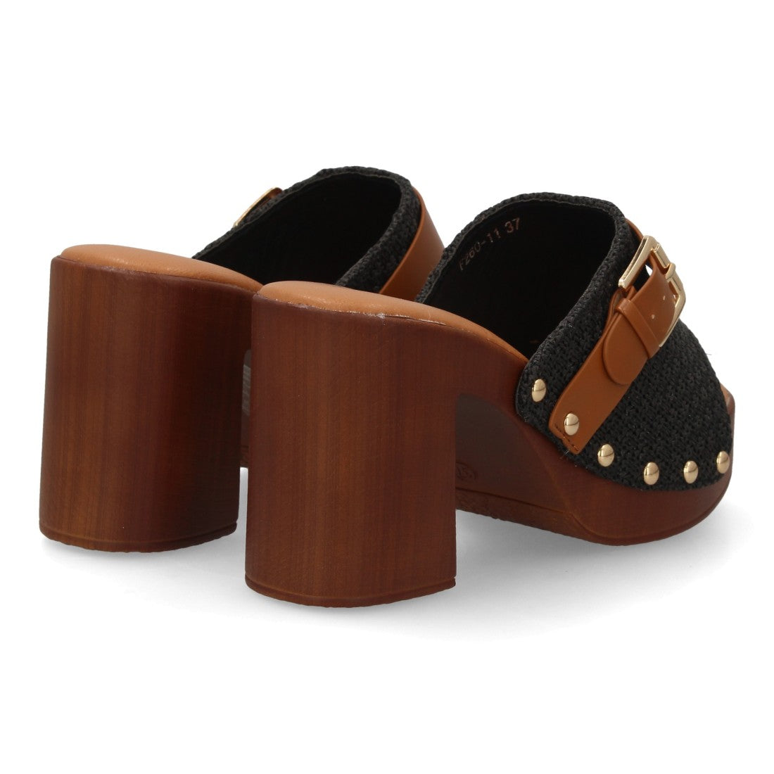 Sandalia pala negra trenzada tacón madera
