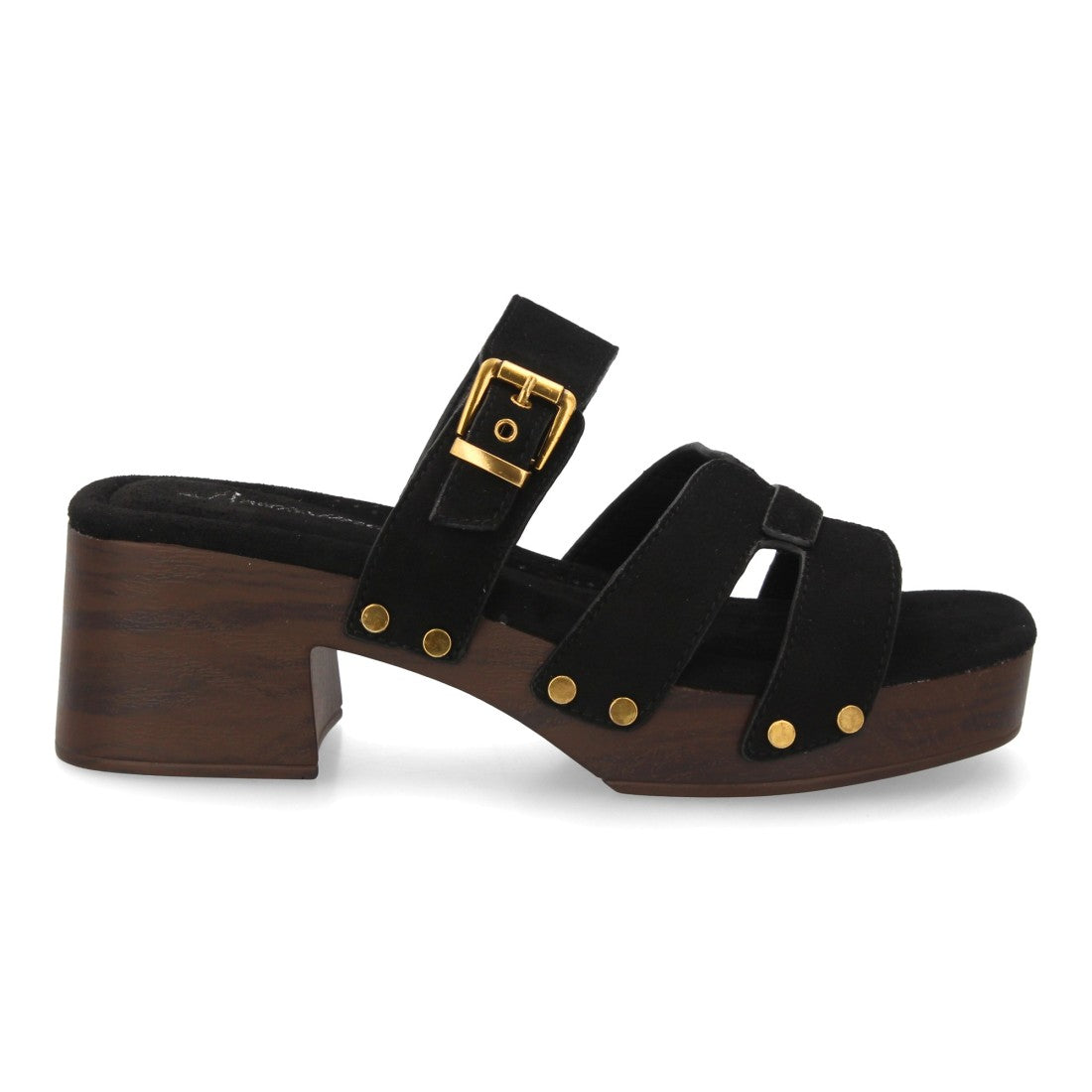 Sandalia negra tiras madera tachuelas mujer