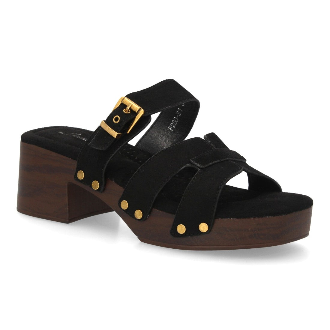 Sandalia negra tiras madera tachuelas mujer
