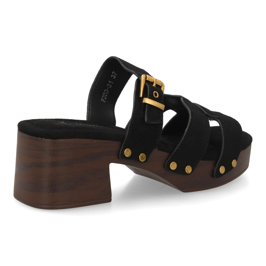 Sandalia negra tiras madera tachuelas mujer