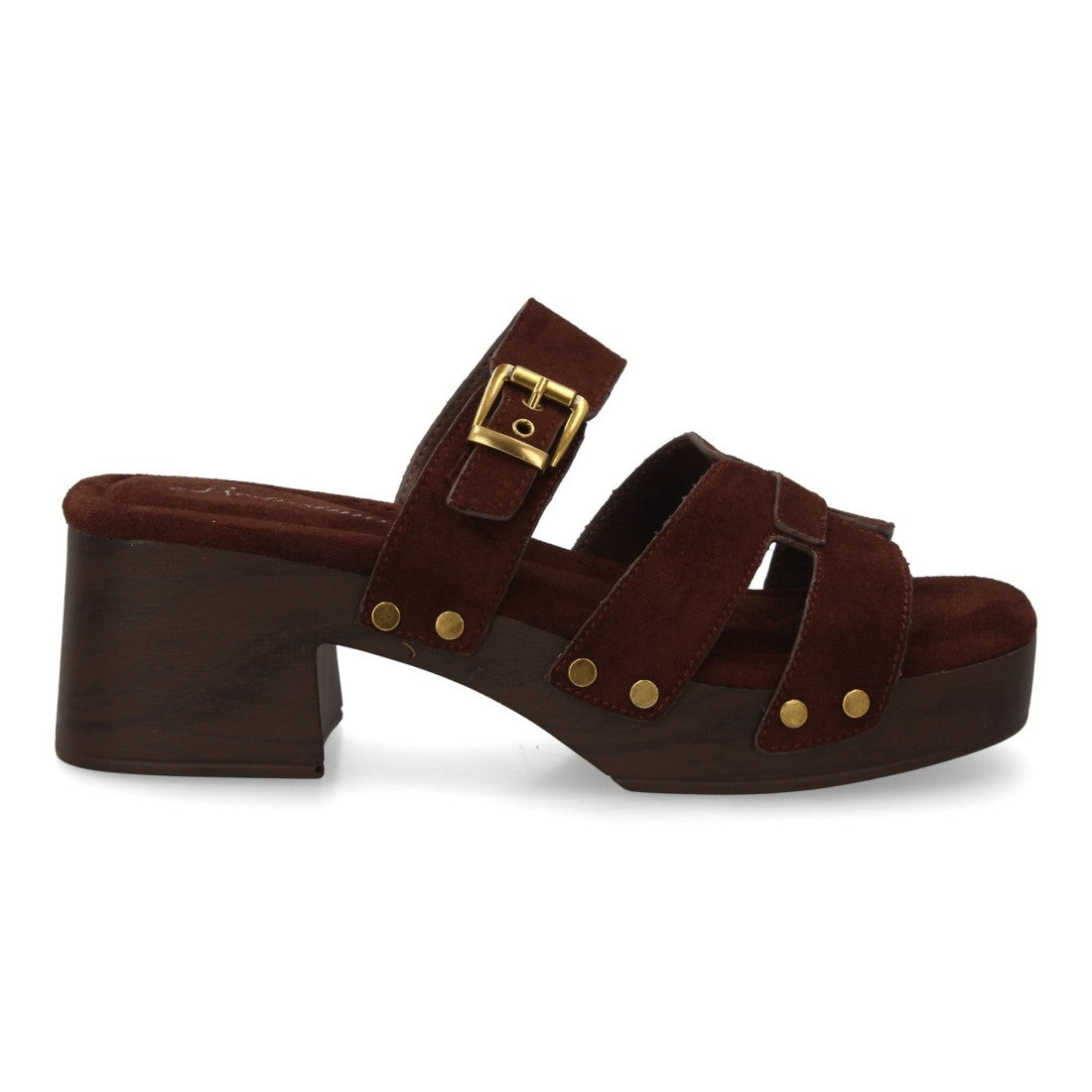 Sandalia marrón tiras madera tachuelas mujer