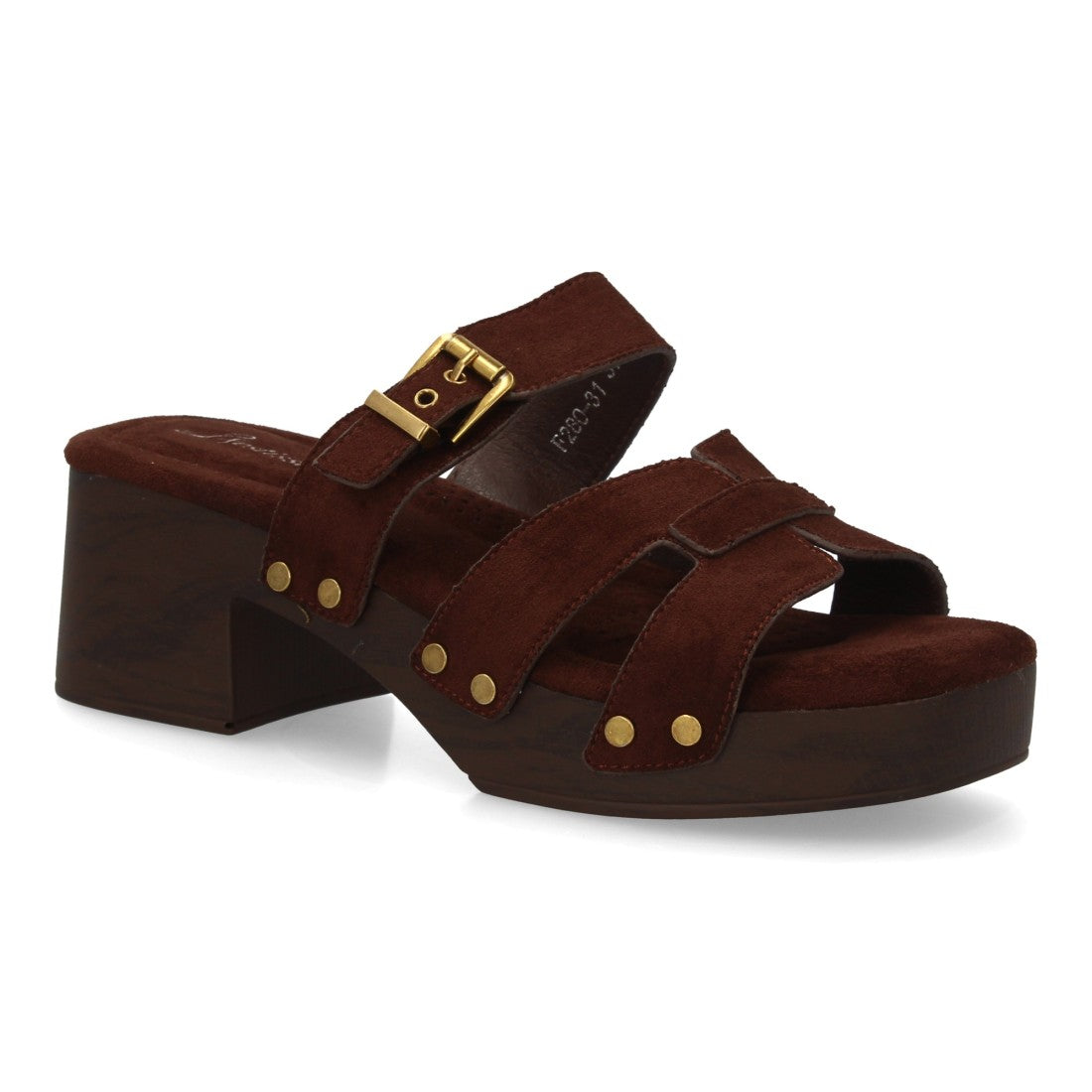 Sandalia marrón tiras madera tachuelas mujer