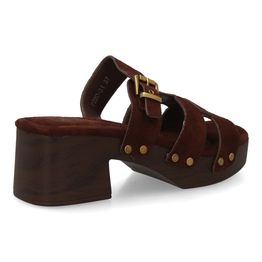 Sandalia marrón tiras madera tachuelas mujer