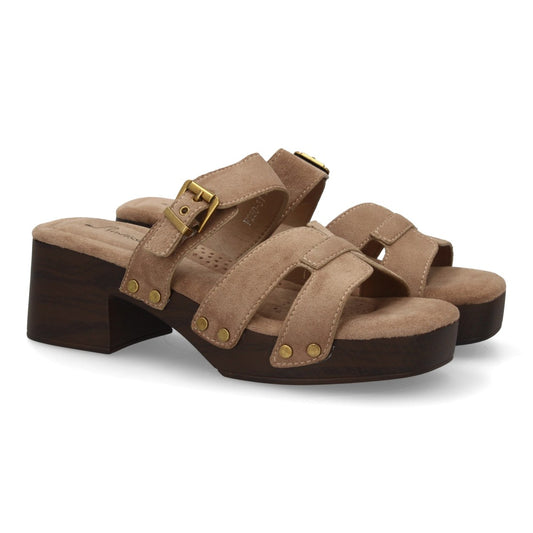 Sandalia kaki multitiras madera mujer