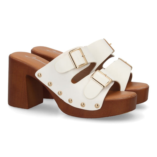 Zueco blanco tacón madera hebillas mujer