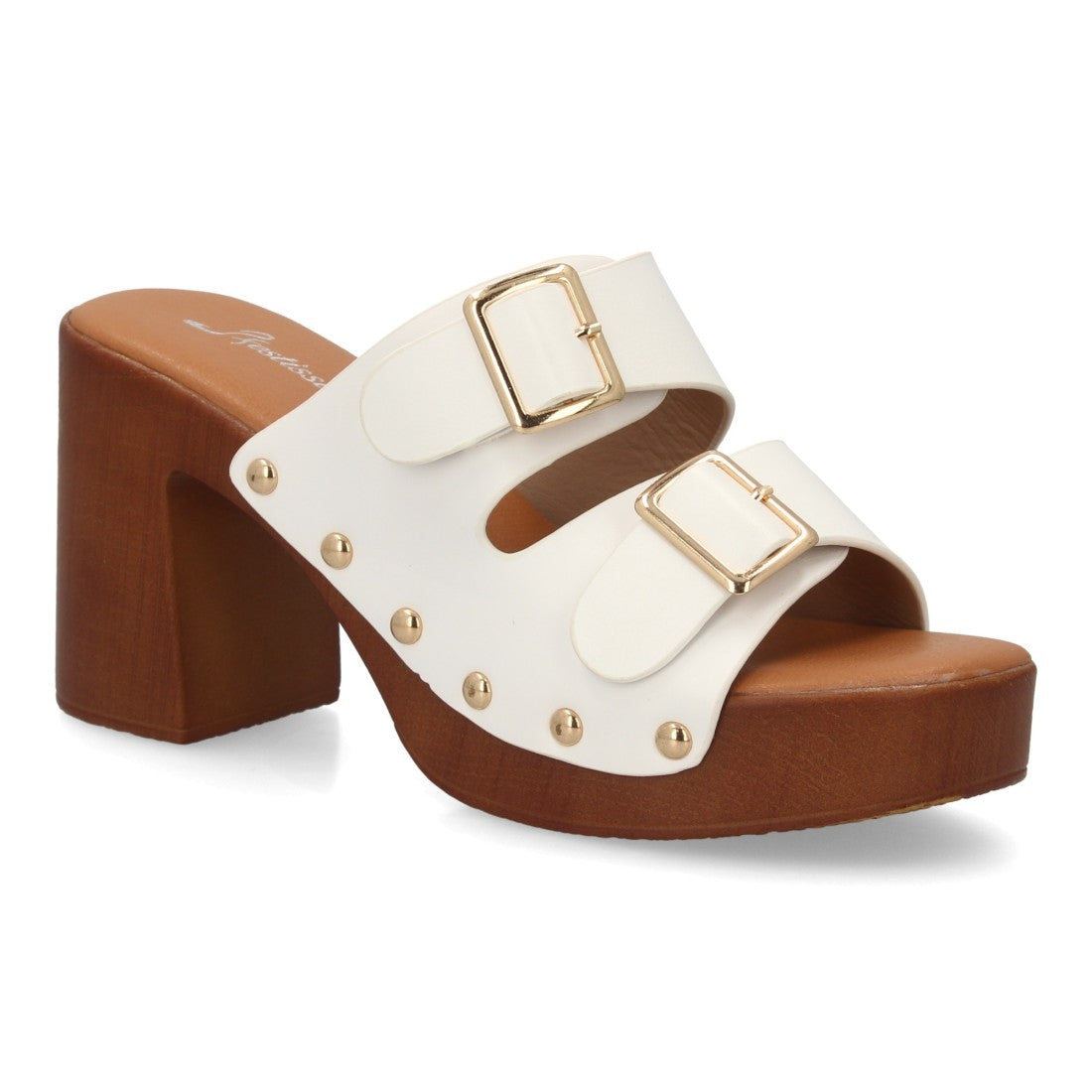 Zueco blanco tacón madera hebillas mujer
