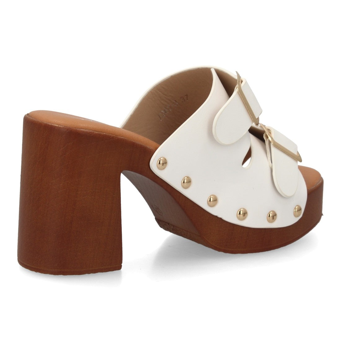 Zueco blanco tacón madera hebillas mujer