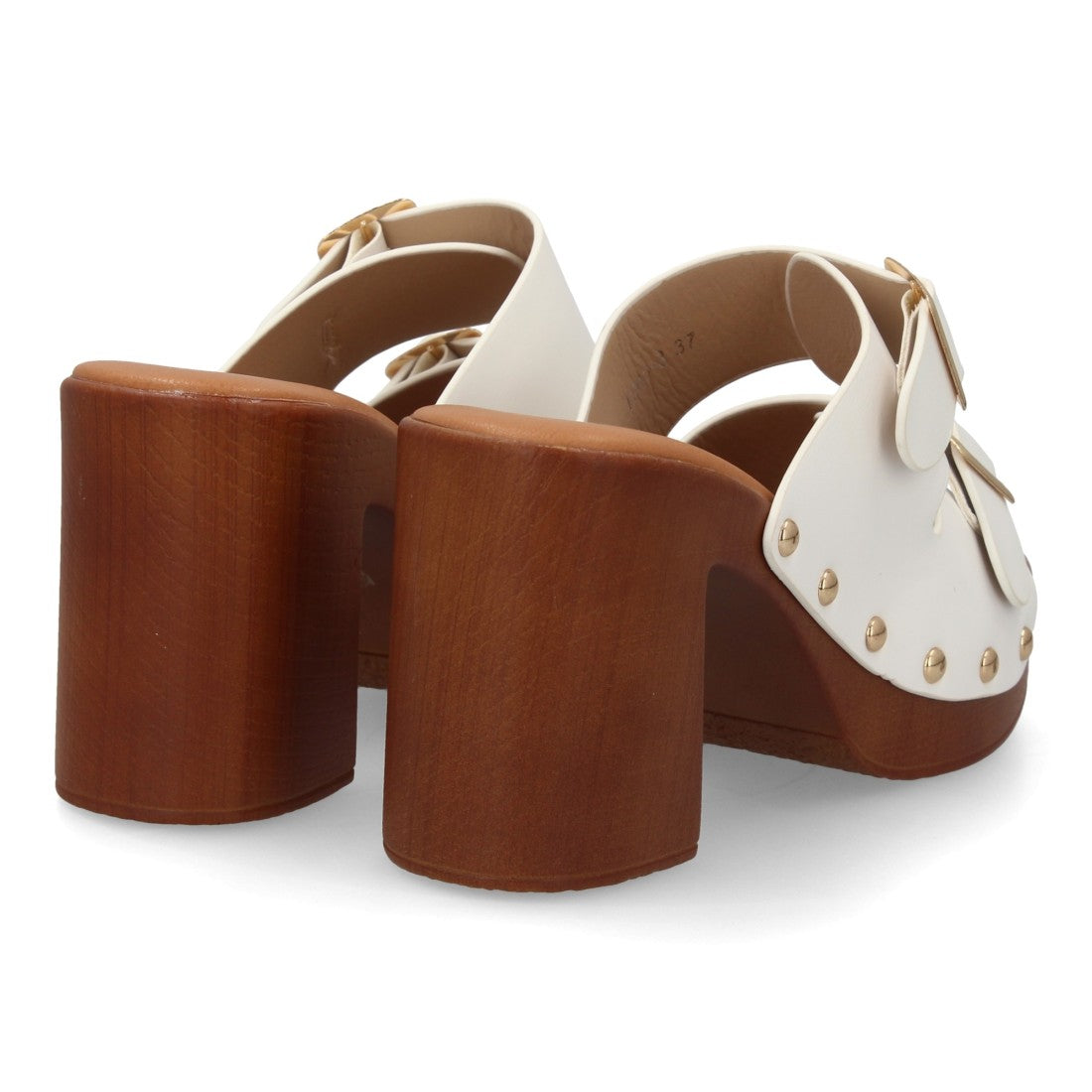 Zueco blanco tacón madera hebillas mujer