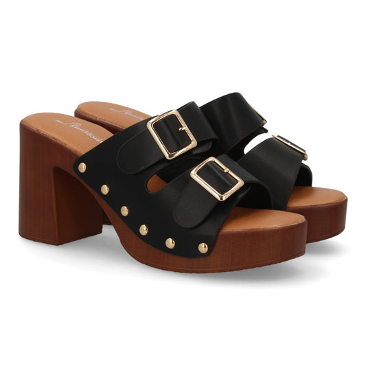 Zueco negro tacón madera hebillas mujer