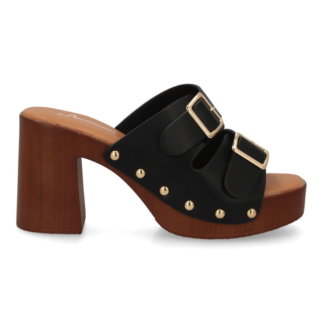 Zueco negro tacón madera hebillas mujer