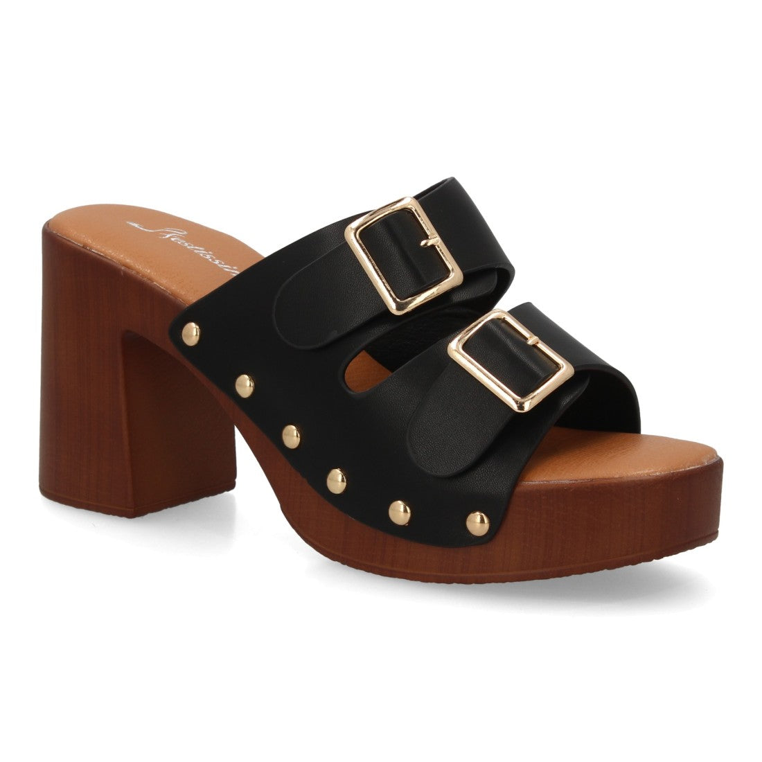 Zueco negro tacón madera hebillas mujer