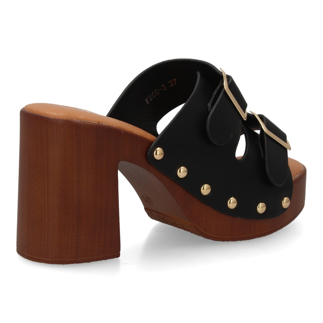 Zueco negro tacón madera hebillas mujer