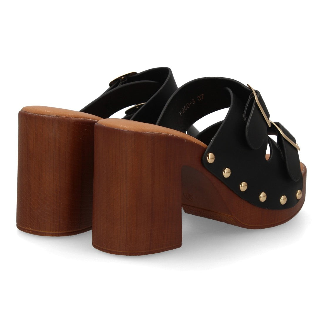 Zueco negro tacón madera hebillas mujer