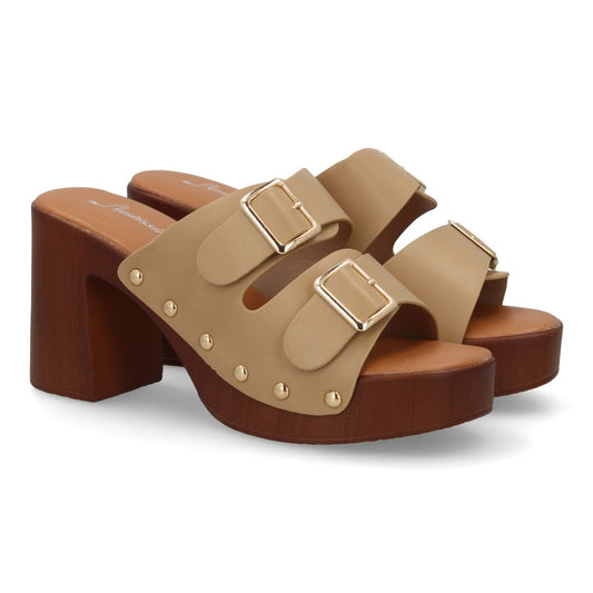 Zueco apricot tacón madera hebillas mujer