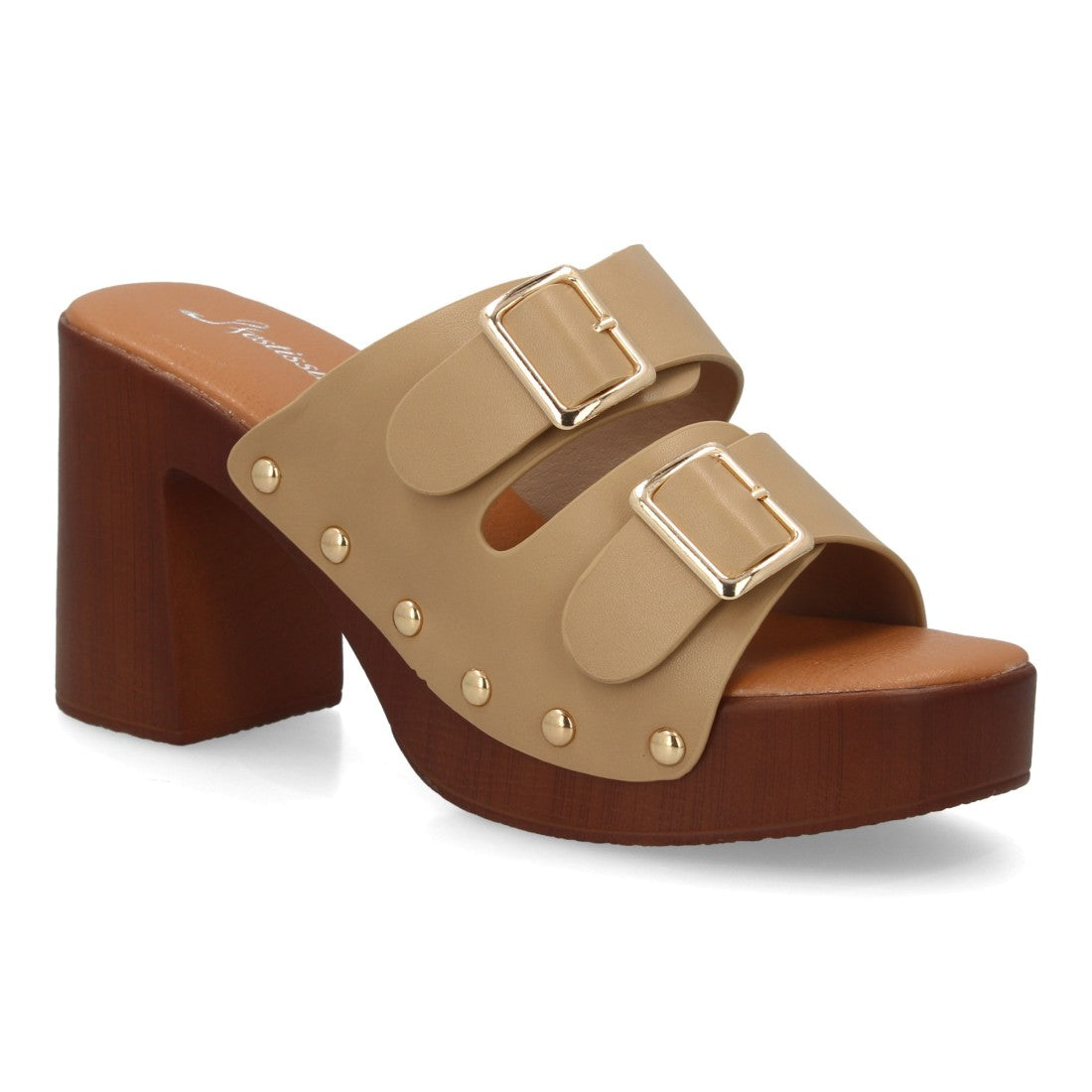 Zueco apricot tacón madera hebillas mujer