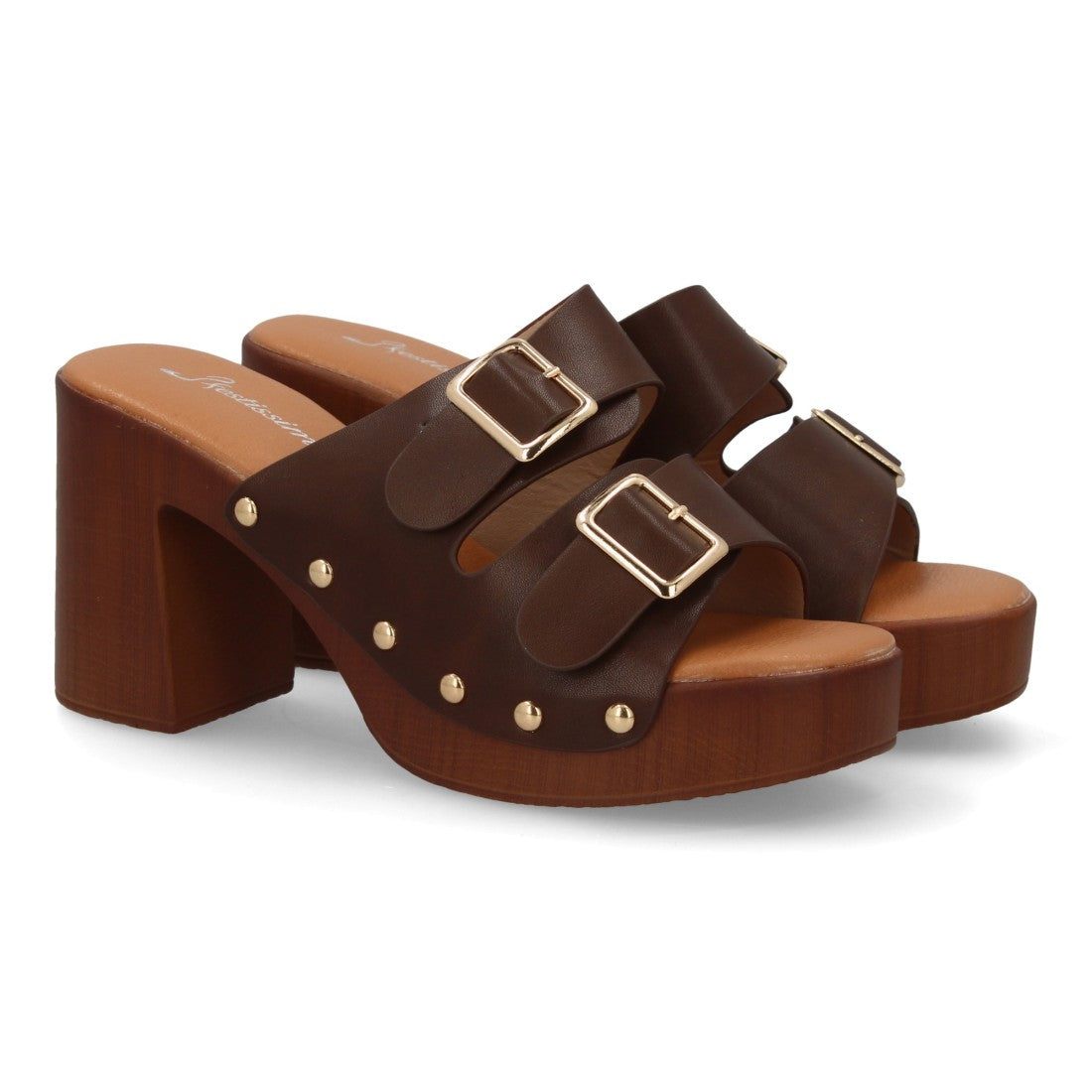 Zueco marrón tacón madera hebillas mujer