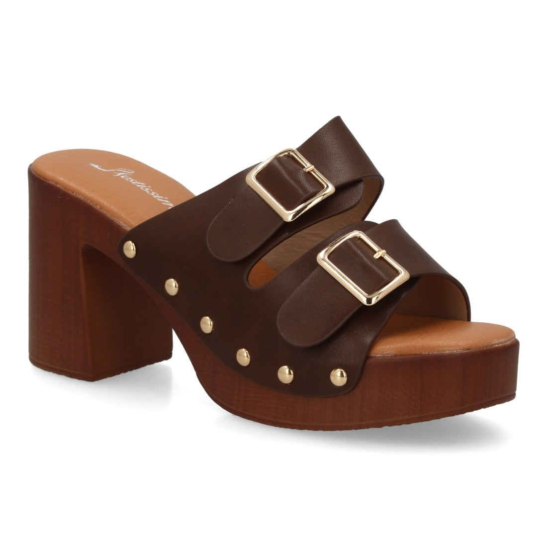 Zueco marrón tacón madera hebillas mujer
