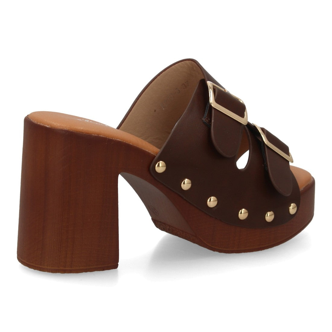 Zueco marrón tacón madera hebillas mujer