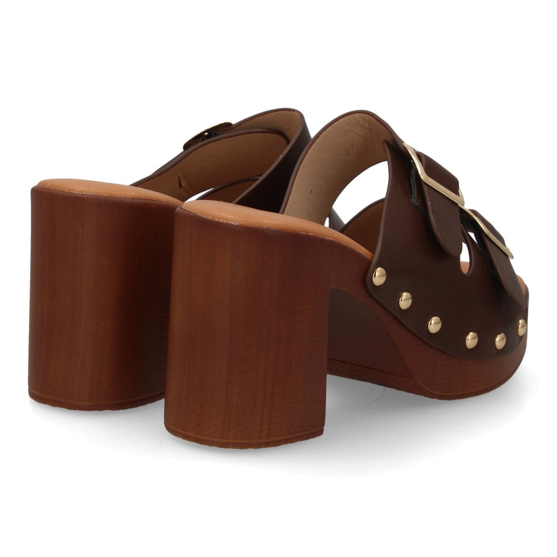 Zueco marrón tacón madera hebillas mujer