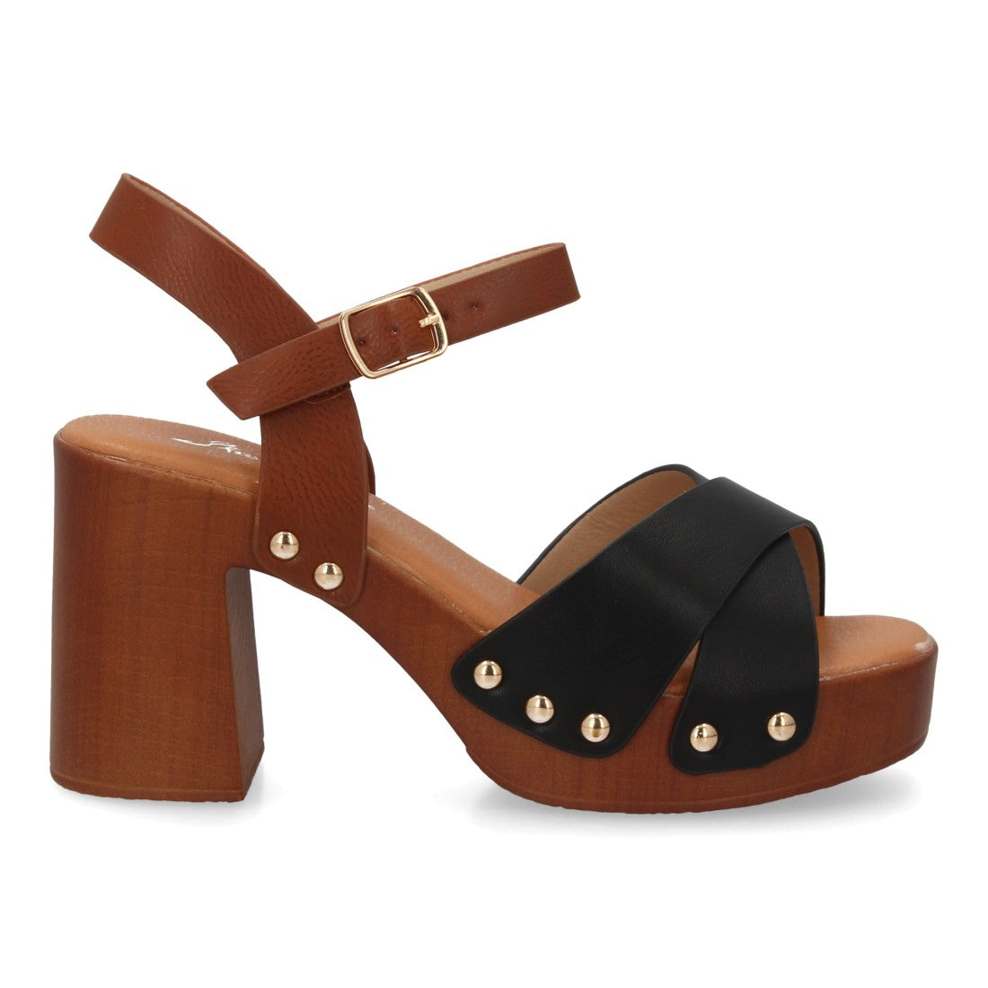 sandalia tacón madera negra tiras tachuelas