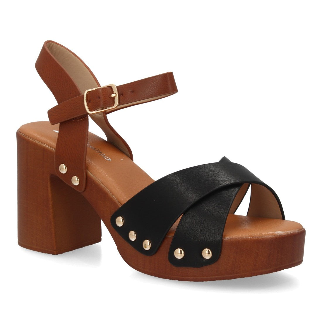 sandalia tacón madera negra tiras tachuelas
