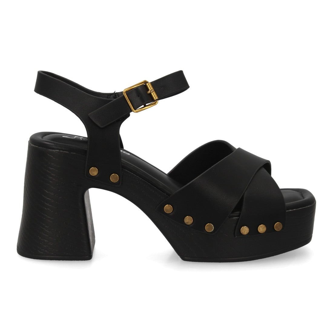 Sandalia negra tiras cruzadas madera mujer