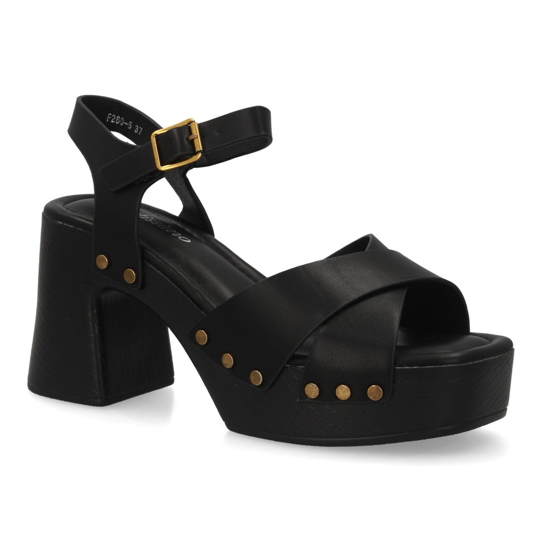 Sandalia negra tiras cruzadas madera mujer