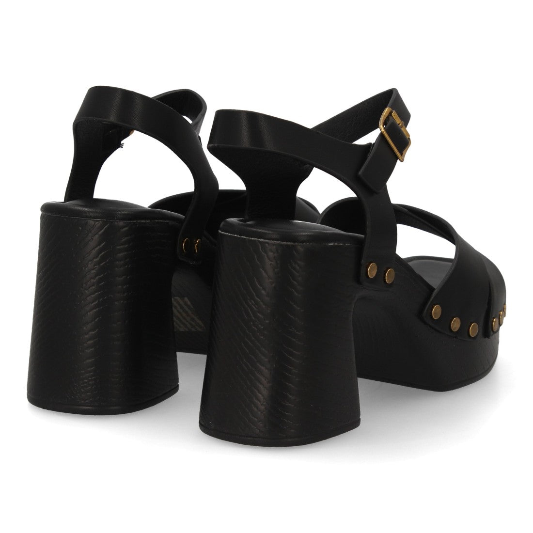 Sandalia negra tiras cruzadas madera mujer