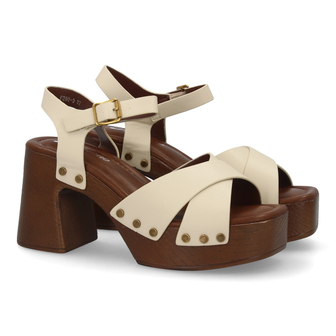 Sandalia beige tiras cruzadas madera mujer
