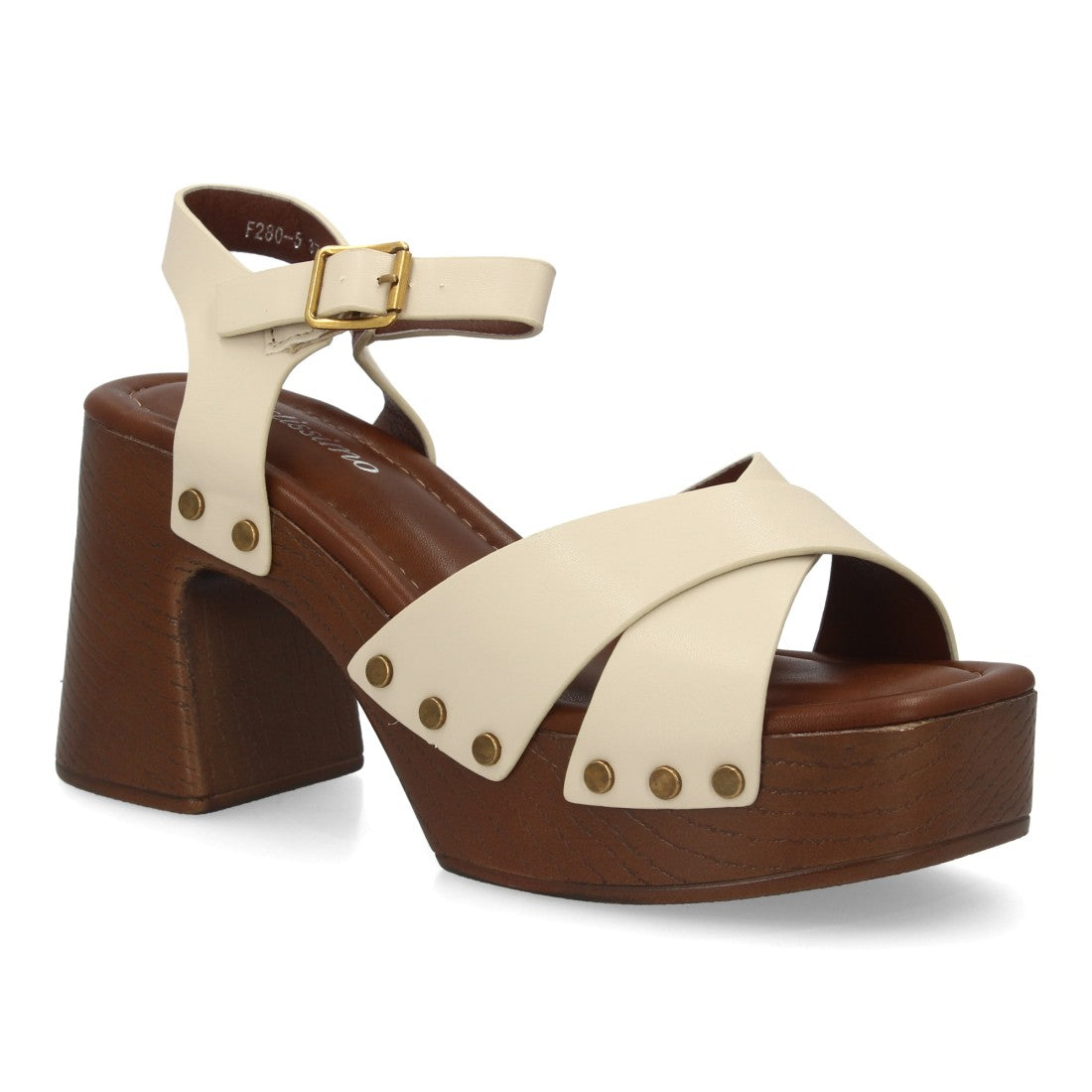 Sandalia beige tiras cruzadas madera mujer