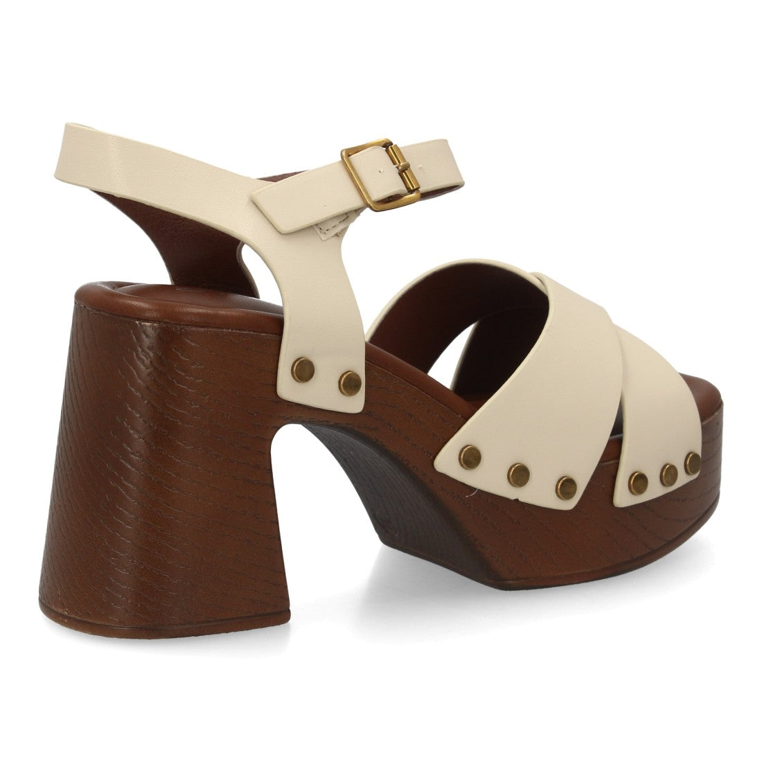 Sandalia beige tiras cruzadas madera mujer