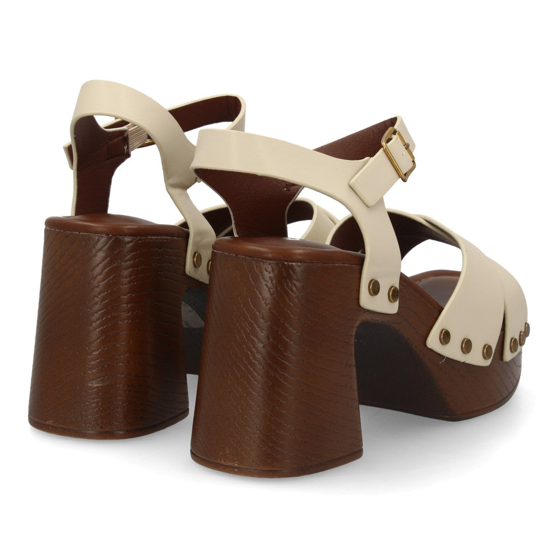 Sandalia beige tiras cruzadas madera mujer