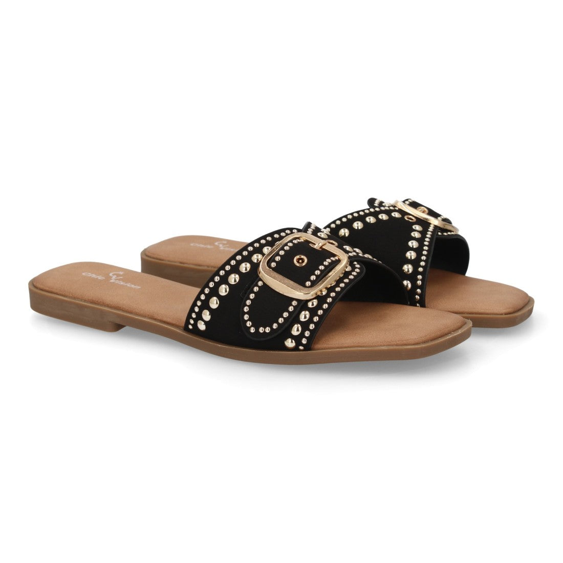 Sandalia plana negra mujer con diseño de tiras cruzadas al frente.