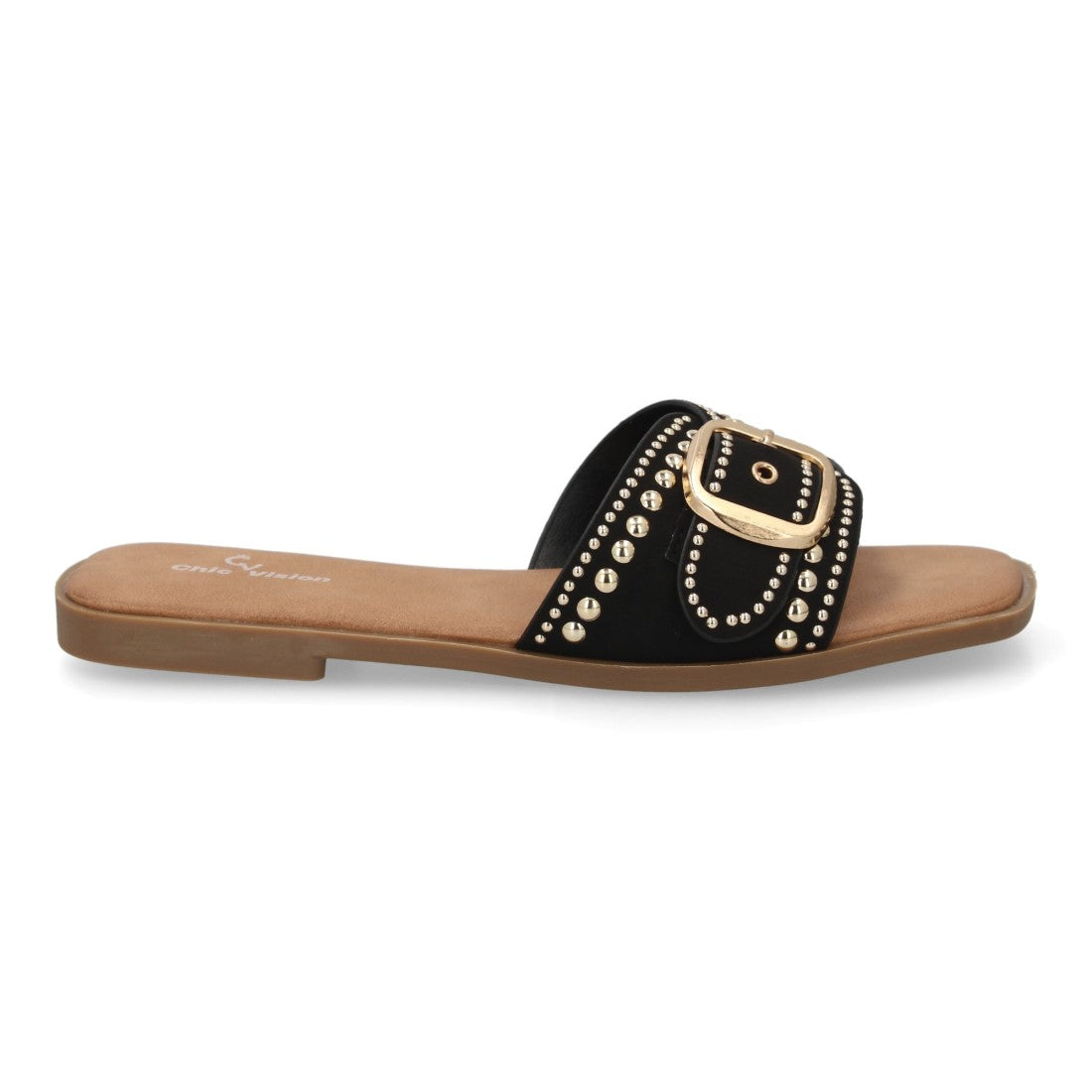 Sandalia plana negra mujer con diseño de tiras cruzadas al frente.