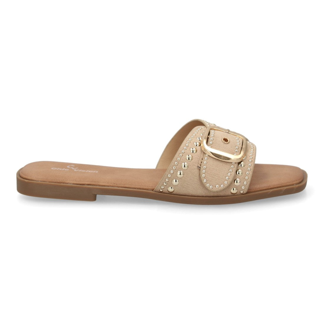 Sandalia plana beige mujer con diseño de tiras entrelazadas.