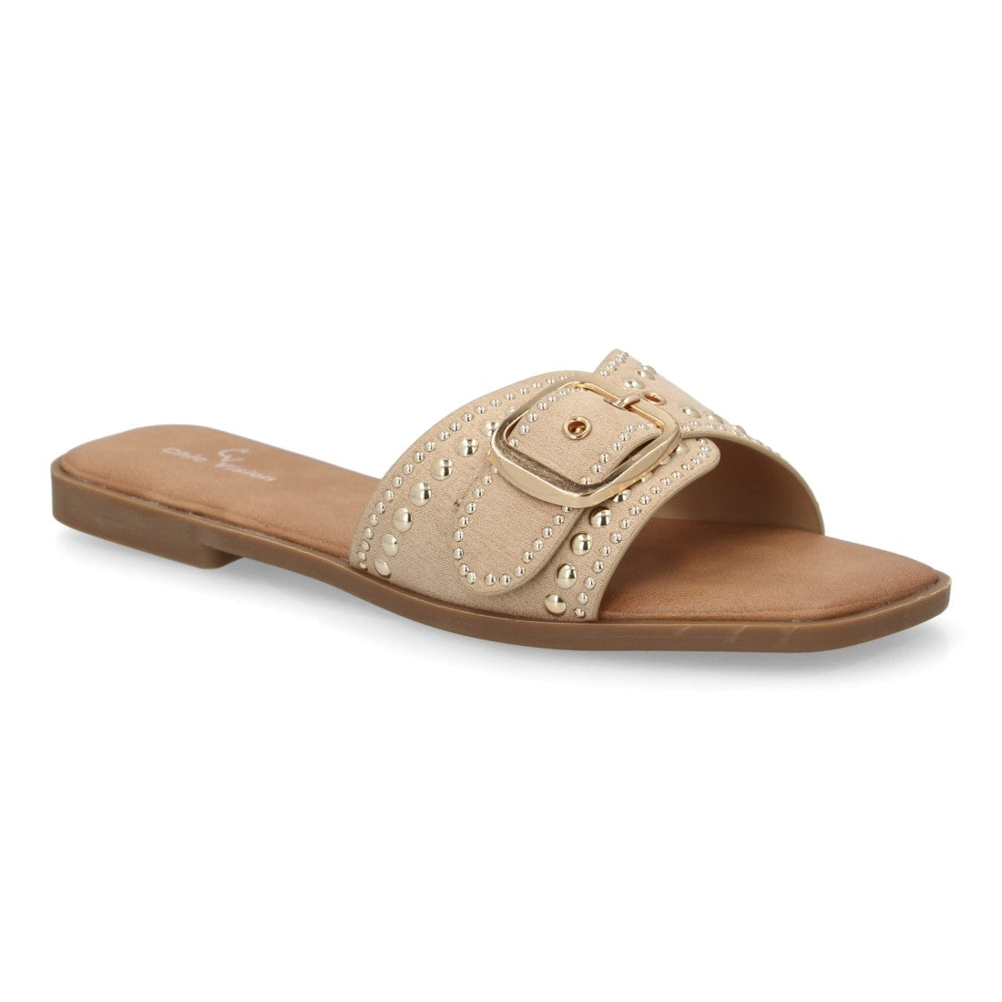 Sandalia plana beige mujer con diseño de tiras entrelazadas.