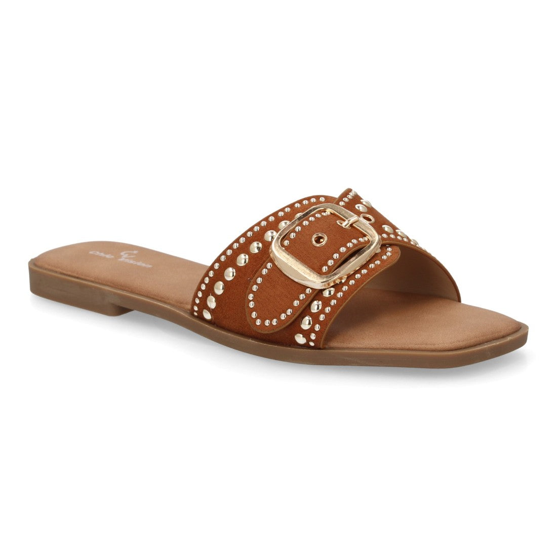 Sandalia plana camel mujer con detalle de tiras cruzadas en empeine.