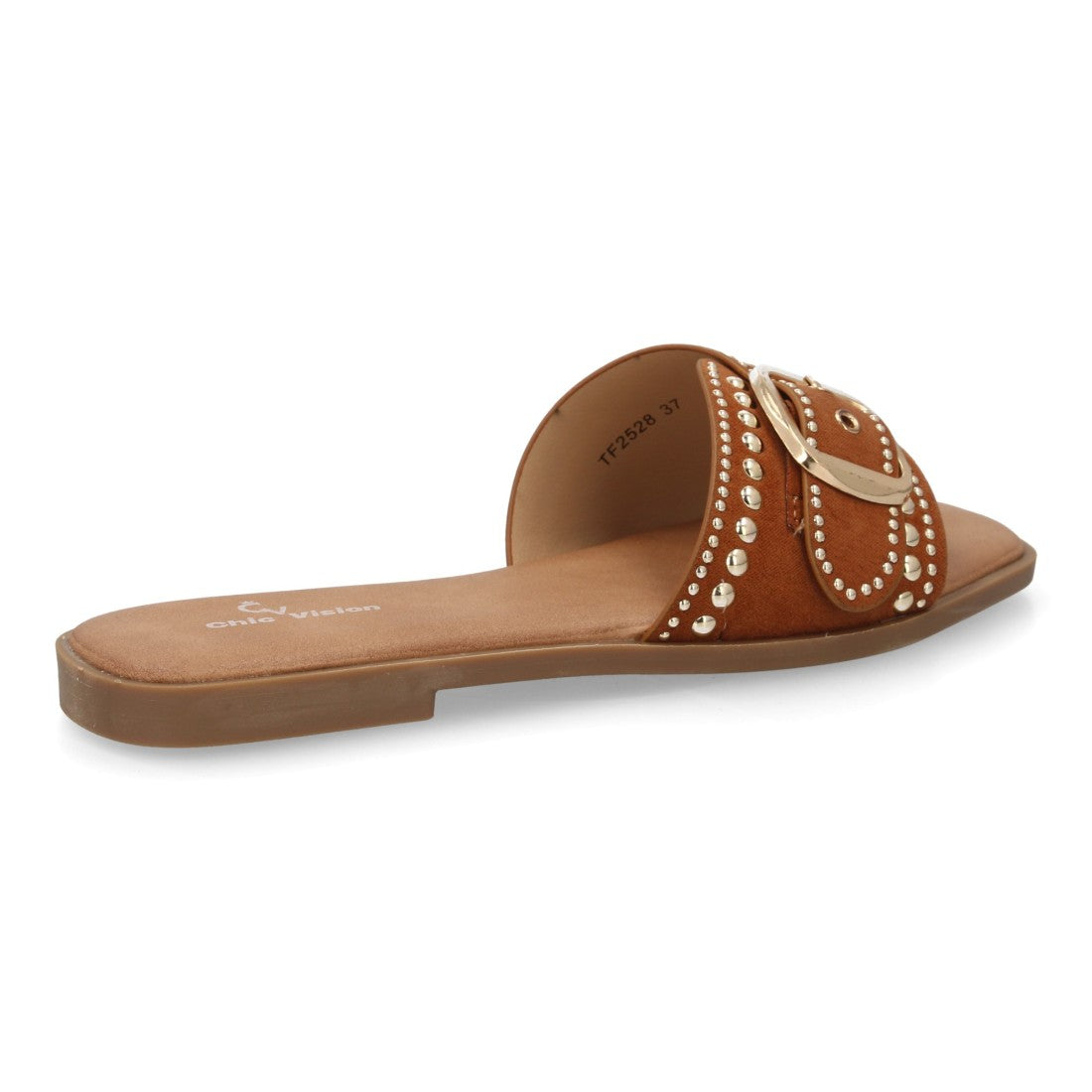 Sandalia plana camel mujer con detalle de tiras cruzadas en empeine.