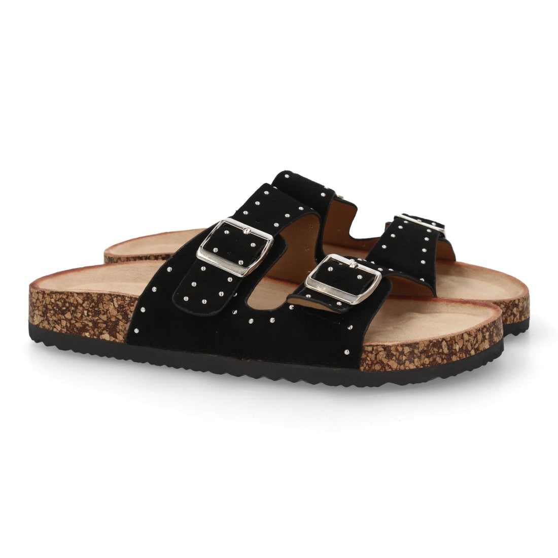 Sandalia bio color negro con hebillas metálicas y plantilla ergonómica.