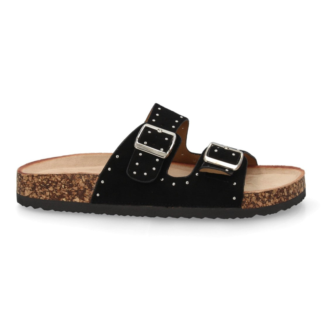 Sandalia bio color negro con hebillas metálicas y plantilla ergonómica.