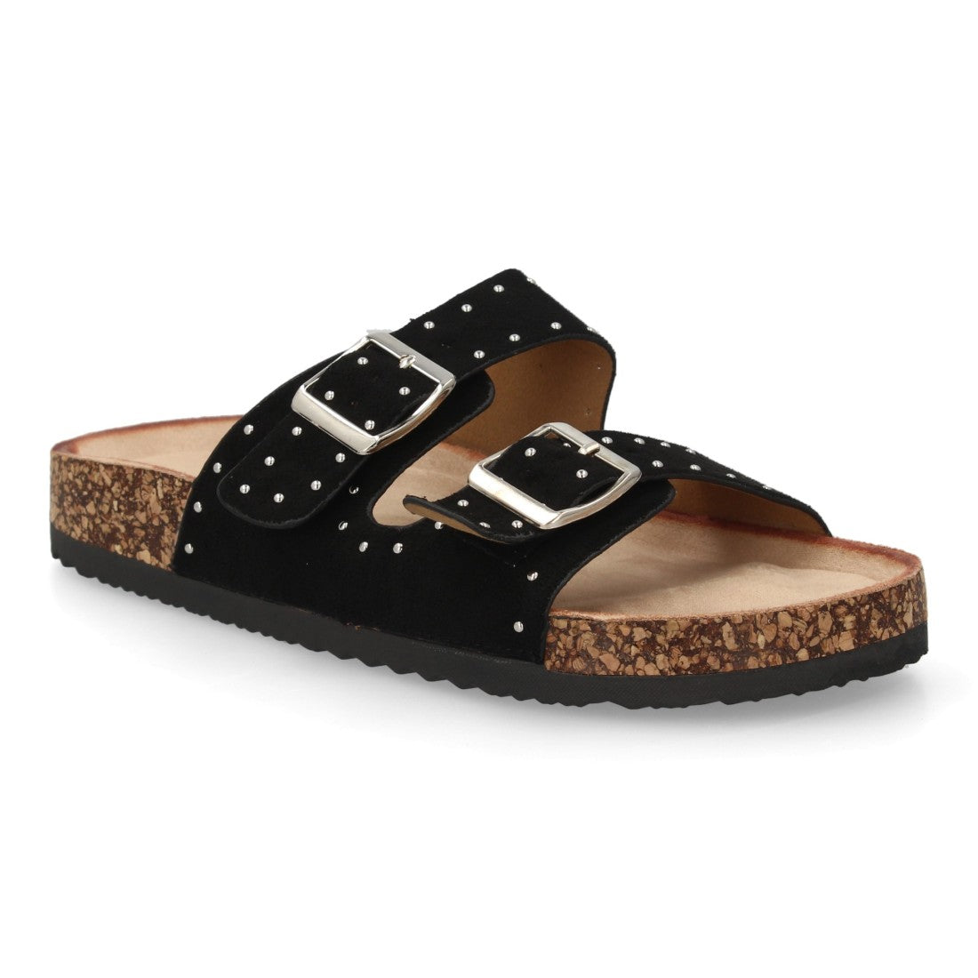 Sandalia bio color negro con hebillas metálicas y plantilla ergonómica.